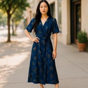 Linen Blend Wrap Maxi Dress Lace Up V-Neck Blue Floral Linen-Blend - Gorgeous